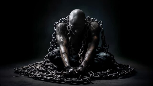 A man in chains over dark background, concept of struggle and liberation