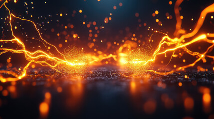 A vibrant display of orange lightning and glowing particles against a dark background, creating a dynamic, energetic atmosphere.