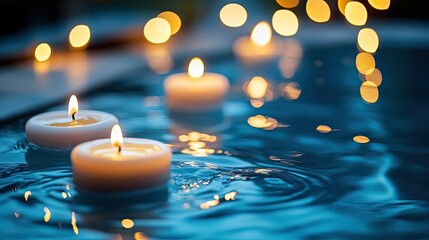 A serene night scene featuring floating candles illuminated on calm, reflective water.