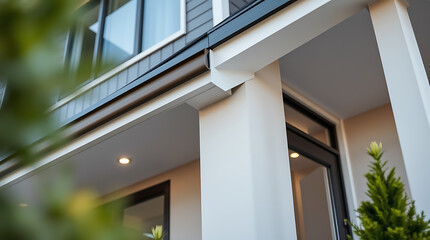 Fototapeta premium Modern House Exterior: Contemporary Home Design and Architecture. Real Estate Photography showcasing a new home's elegant facade, roofline, and entrance. Ideal for homebuyers and real estate agents.