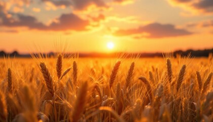 Fototapeta premium Golden wheat field at sunset with warm sunlight behind fluffy clouds