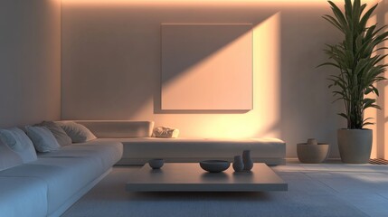Sunset illuminates minimalist living room mockup