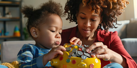 Fototapeta premium Woman and Child Filling Piggy Bank with Coins