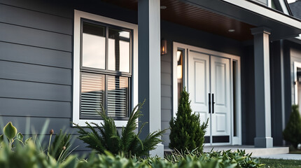 Fototapeta premium Modern Gray House Exterior: Elegant Home Design with White Doors and Landscaping. Real Estate Photography