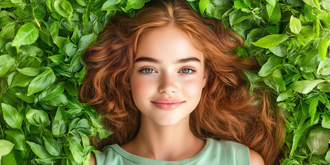 Naklejka premium A cheerful girl with radiant red hair lying amidst lush green leaves, exuding natural beauty and serenity in a vibrant and fresh composition.