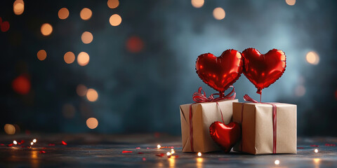 Beautiful gift box and heart-shaped balloons. Banner for Valentine's Day, Birthday, Anniversary, Mother's Day, March 8,Christmas. Empty space for product installation and presentation