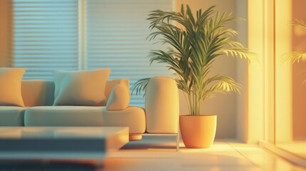 Modern living room sunset ambiance, plant, sofa, blinds