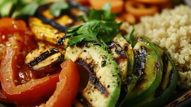 A close-up of a balanced vegetarian lunch, featuring grilled vegetables, quinoa