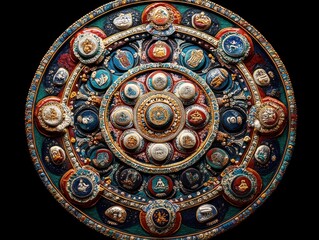 Naklejka premium An overhead shot of a vibrant warm colored sandpainting mandala in a complex and modern style. 