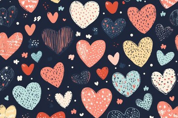 Colorful Heart Patterns on Dark Background: Whimsical, Hand-Drawn Hearts for Valentine's Day and Romantic Designs