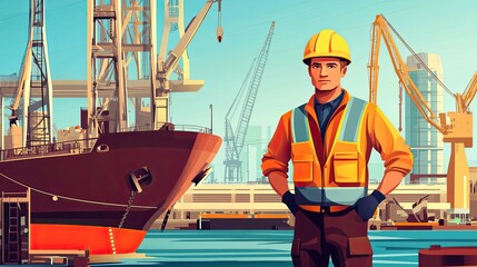 Dockworker stands proudly near a large cargo ship