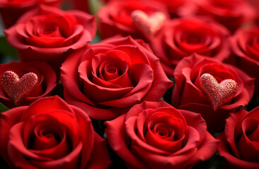Red roses close-up and hearts. Postcard, congratulations