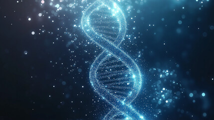 DNA Double Helix: Abstract representation of a DNA double helix, glowing with vibrant blue light particles against a dark background.  The image evokes a sense of mystery and scientific discovery. 