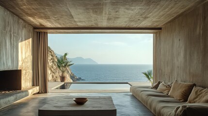 Ocean View from Minimalist Concrete Room with Pool and Brown Sofa and Table