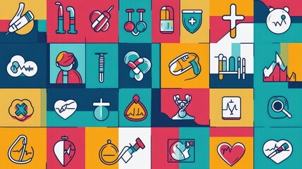 Colorful Medical Icons Collage Representing Health and Wellness Themes