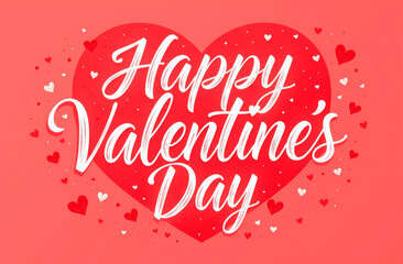 Happy Valentine's Day text on red background with hearts. Postcard