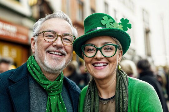 St Patrick day in Ireland with happy senior couple. Irish parade for Saint Patrick's day. Mature people, man and woman in green hat with shamrock. Festival green background. Party fun with persons bg