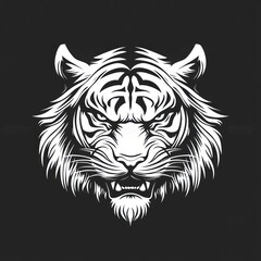 Furious white tiger head, monochrome, dark background, logo design