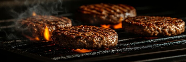 Juicy Burger Patties Sizzle, Grill, Flames, Culinary Delight, American Cuisine, Backyard Barbecue