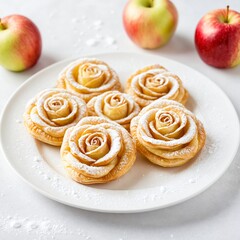 Valentine's day Delicate puff pastries shaped like roses, filled with apple slices and dusted with powdered sugar