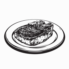 Black and white Steak Plate Vectors. Steak on a plate with a green garnish image vector.