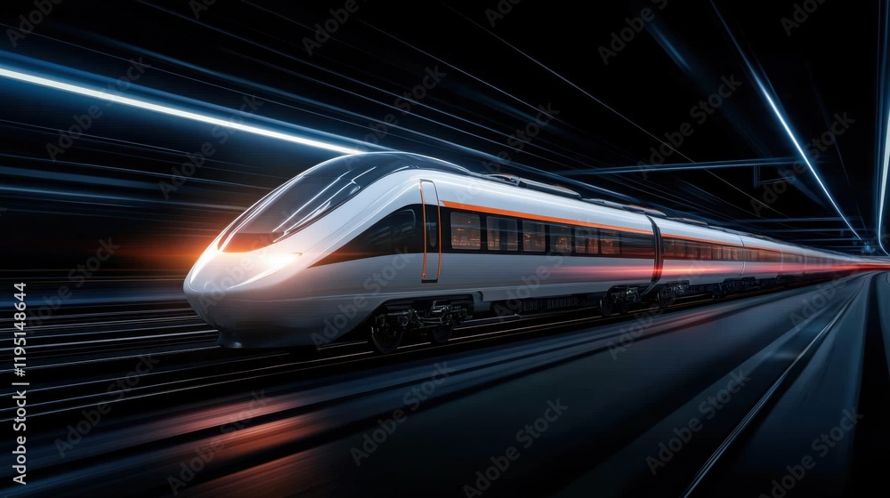 Poster high-speed train in motion blurring lights with modern technology and futuristic design in a dark en