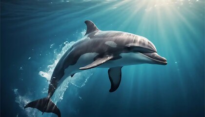 Naklejka premium Dolphin's Graceful Dive: Sunlit Ocean, Serene Aquatic Art