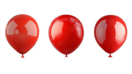 Three Glossy Red Balloons Isolated on a Transparent Background for Celebratory Themes and Party Decorations