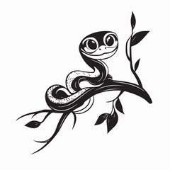 Cartoon Snake Adorably Coiled on a Tree Branch in a Playful Pose image vector.