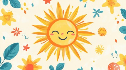 Cheerful Sun Illustration with Flowers and Bright Colors