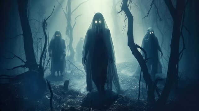 Horror scene with scary undeads floating through a moonlit, foggy forest