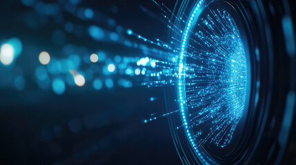 A vibrant digital illustration depicting a circular lens emitting blue light beams, symbolizing technology and innovation.