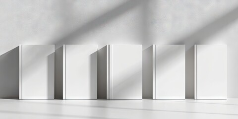 Five empty white book covers arranged in a line on a light gray surface with soft shadows cast by overhead light against a white background.