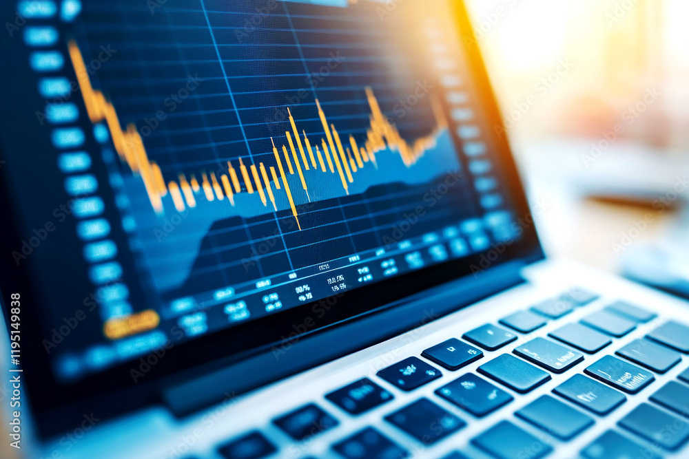 Poster analyzing financial trends with textbooks on data visualization home office digital screens informat