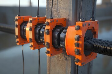 Orange clamps grip black cable on gray pole.