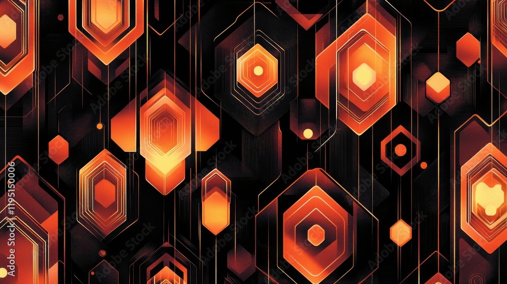Poster abstract pattern of bright hexagons and geometric shapes in orange