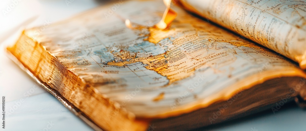 Poster exploring historical textbooks library archive open book with map educational environment close-up v