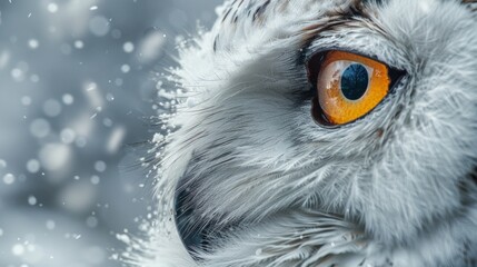 Close-up of an owl's eye against a snowy background, emphasising the detail of the feathers and expressive gaze. Ideal for conservation projects and wildlife education materials.