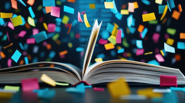 Celebrating knowledge colorful textbooks burst open with confetti in a dynamic learning environment