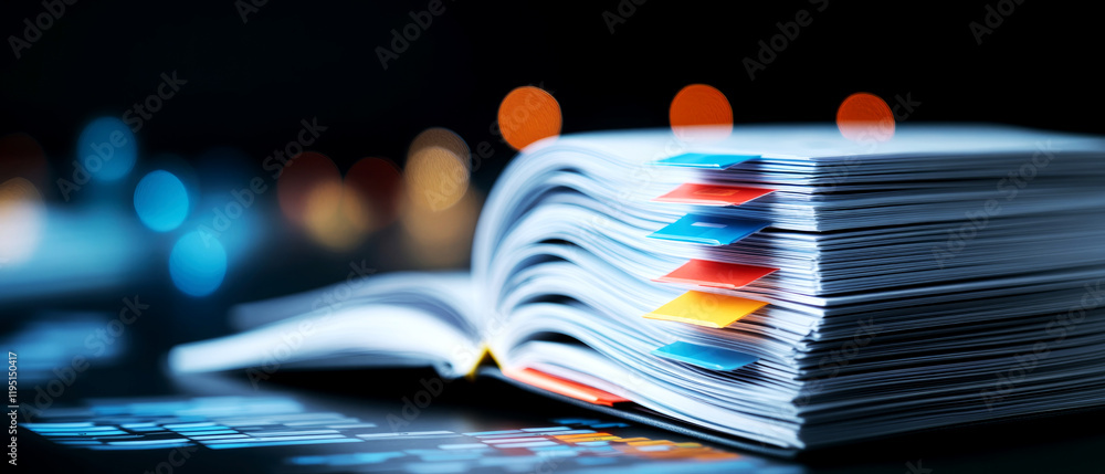 Poster educational textbooks on a table in a cozy study environment showcasing colorful tabs and notes for 