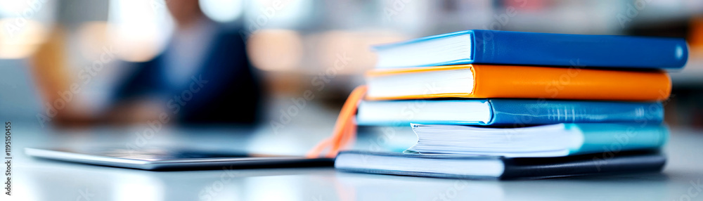 Poster studying with textbooks a student's desk setup in a modern classroom environment focus on learning m