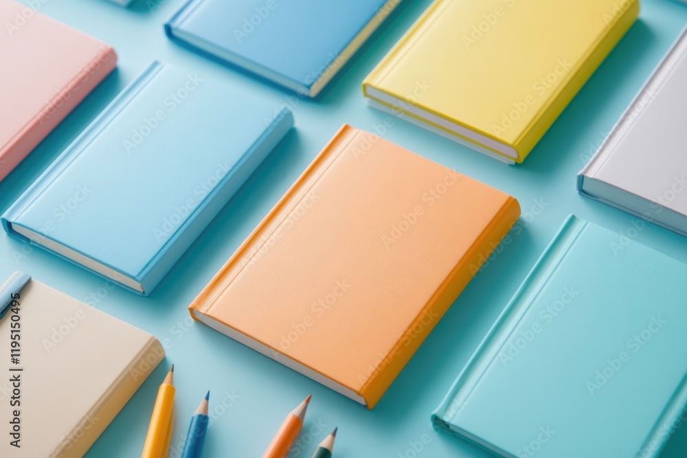 Poster colorful textbooks on a blue surface educational material display study environment overhead view le