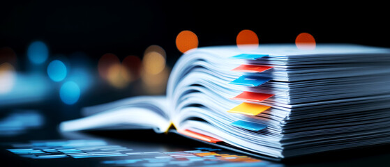 Educational textbooks on a table in a cozy study environment showcasing colorful tabs and notes for effective learning