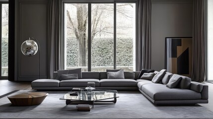 Modern living room with grey sectional sofa and glass coffee tables facing a large window