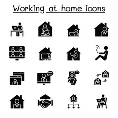 Fototapeta premium Working at home icons set in thin line style