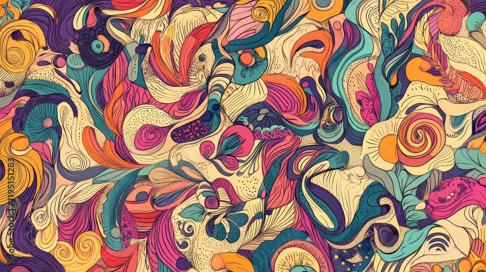 Poster colorful abstract swirls and shapes creating dynamic visual harmony