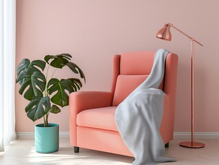 Pink Armchair, Monstera Plant, and Copper Lamp