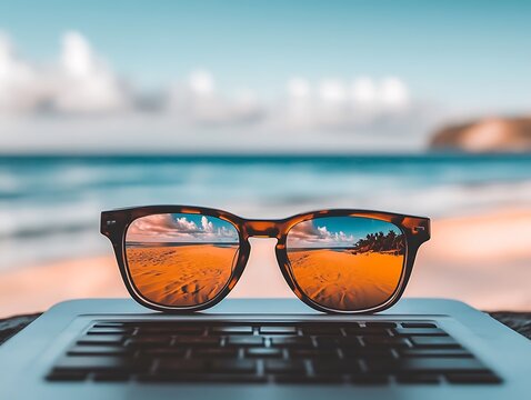 A pair of sunglasses is placed on a laptop keyboard, with the ocean and sky visible in their reflection. The background features a beach scene with a cloudy sky and a distant island.
