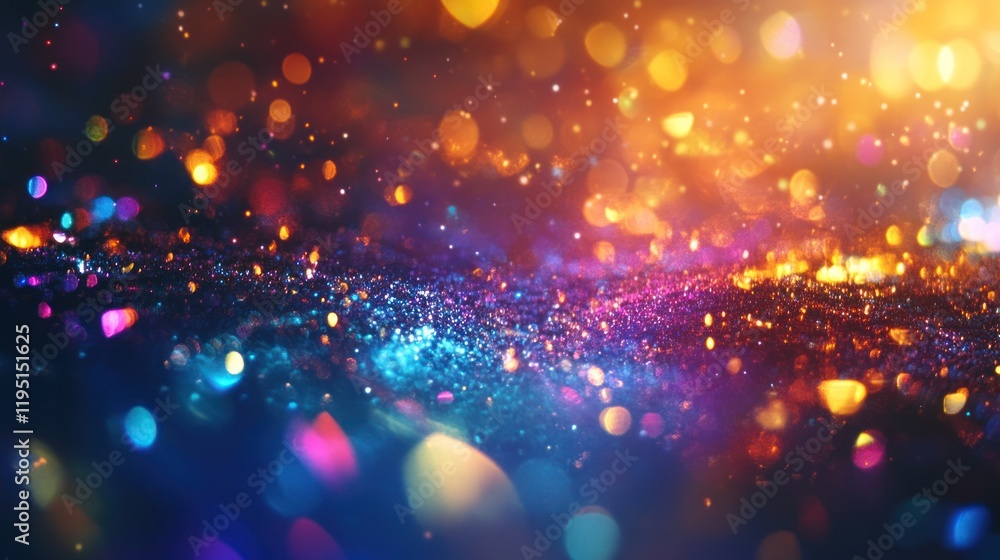 Poster Vibrant glittering bokeh background with colorful sparkles and lights.