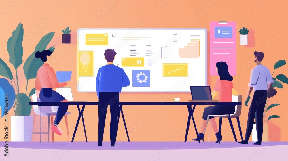 Poster collaborative workspace with business team in modern office setting